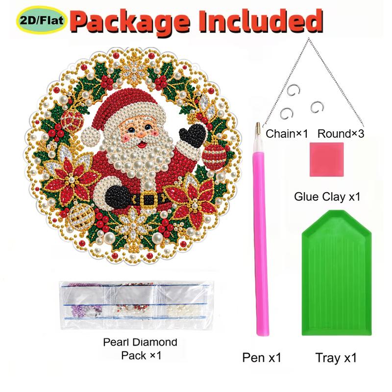 Christmas Acrylic Santa Wreath Pearl Painting Suncatcher,9.72/7.76In,DIY Ornament,Xmas Window Tree Wall Decor & Craft Gift