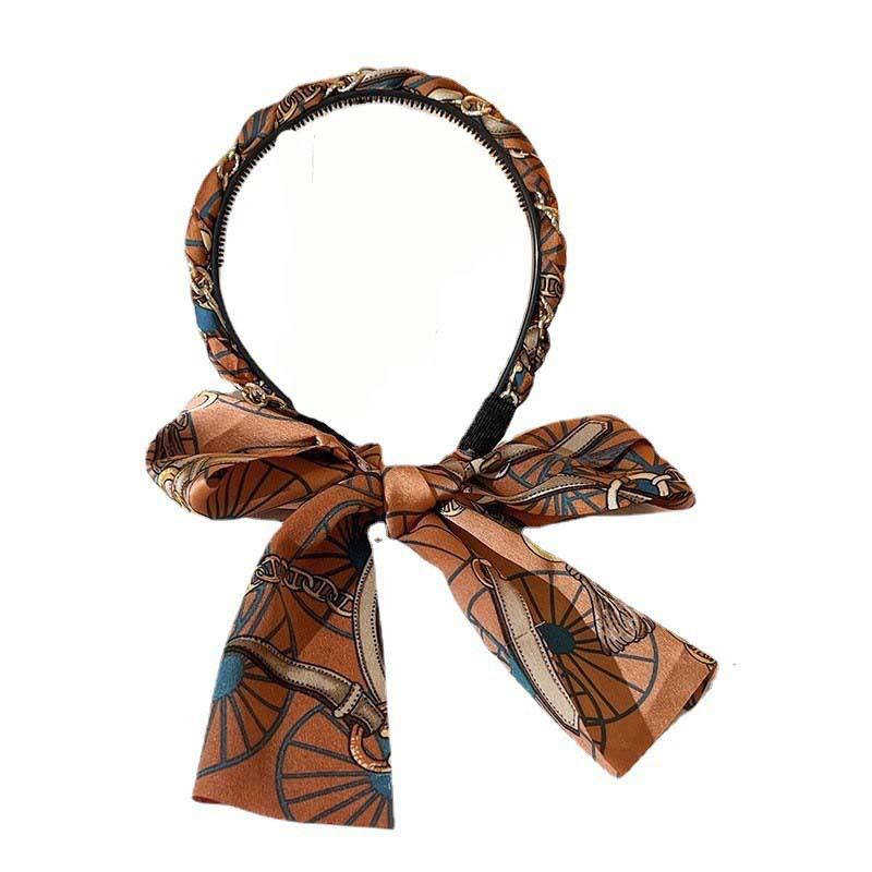 Langes Haarband mit Kette, eleganter Pferdeschwanzhalter, Stoff, Seidenschal, Stirnband, Haarschmuck für Frauen und Mädchen, bedrucktes Haarband