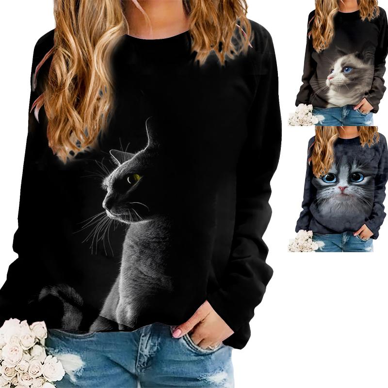Buy Women Serious Cat Print TShirt Long Sleeve Crew Neck Tops Oversize