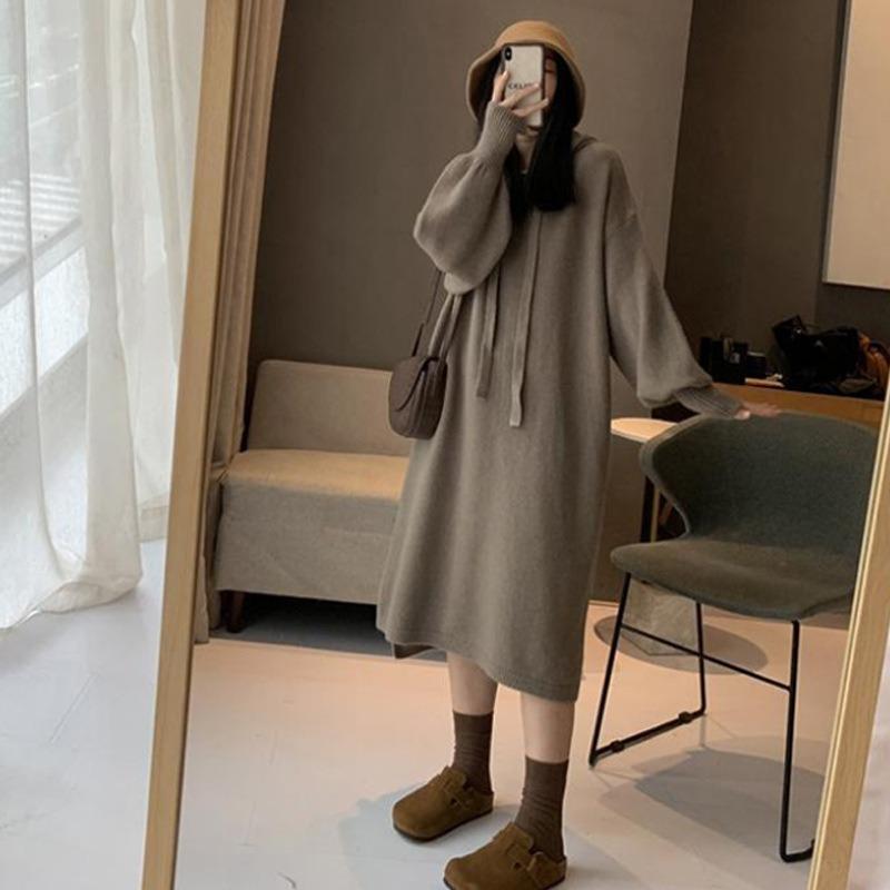 Autumn and winter new hooded large size knitted dress women's medium and long loose and thin lazy wind sweater skirt