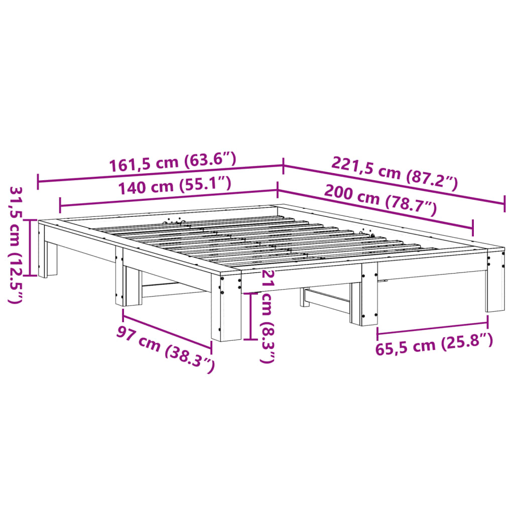 Vidaxl Bed Frame Without Mattress, White, 140X200 Cm, Solid Pine Wood
