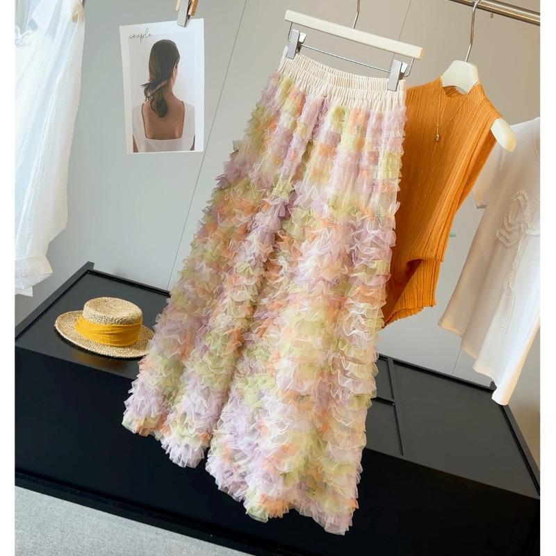 Colorful Ruffle Tulle A-Line Maxi Skirt Heavy Craft Fluffy Half Skirt High-End Layered Mesh Skirt for Women JM2615