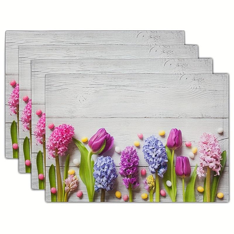 4pcs Placemats Summer Theme Floral Pattern Table Pad Set Colorful Printed Wooden Planks Table Mat for Indoor Dining Table Decor