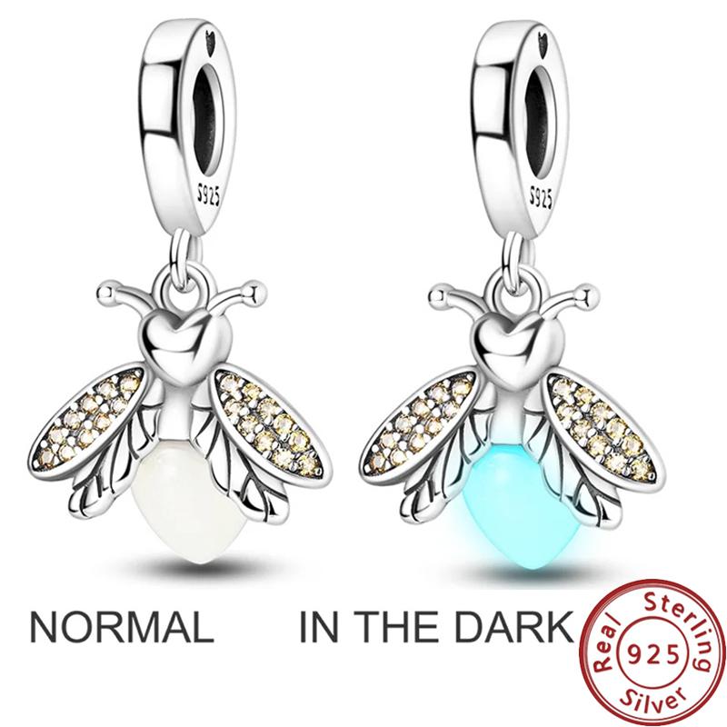 Real Copper Charms Luminous Firefly Butterfly Sunflower Pink Beads Fit Original Bracelet Women Birthday Diy Jewelry