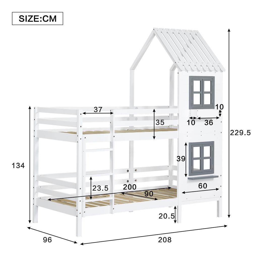 [29590567WAA]Bunk Bed with Handrail and Window, House Bed, Children's Bed with Fall Protection and Guard Rail, Pine Frame, White (90x200cm)