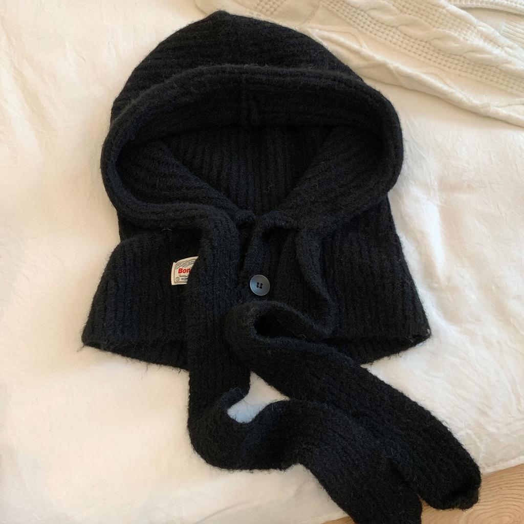 Koreanische Gestrickte Sturmhaube Hut Damen Winter Warmer Schal Integrierter Kapuzenschal Gestrickte Wollmütze Kappe