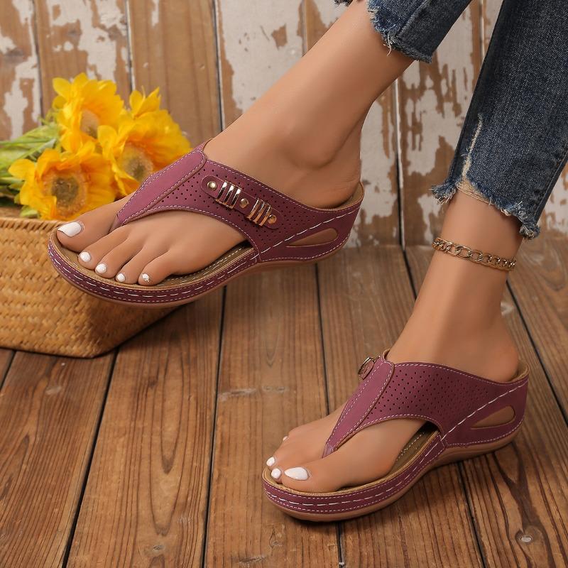 New Thick-soled Toe Hollow Slippers Women's Slope Heel Flip-flops Sewing Line Beach Large Size Cool Slippers