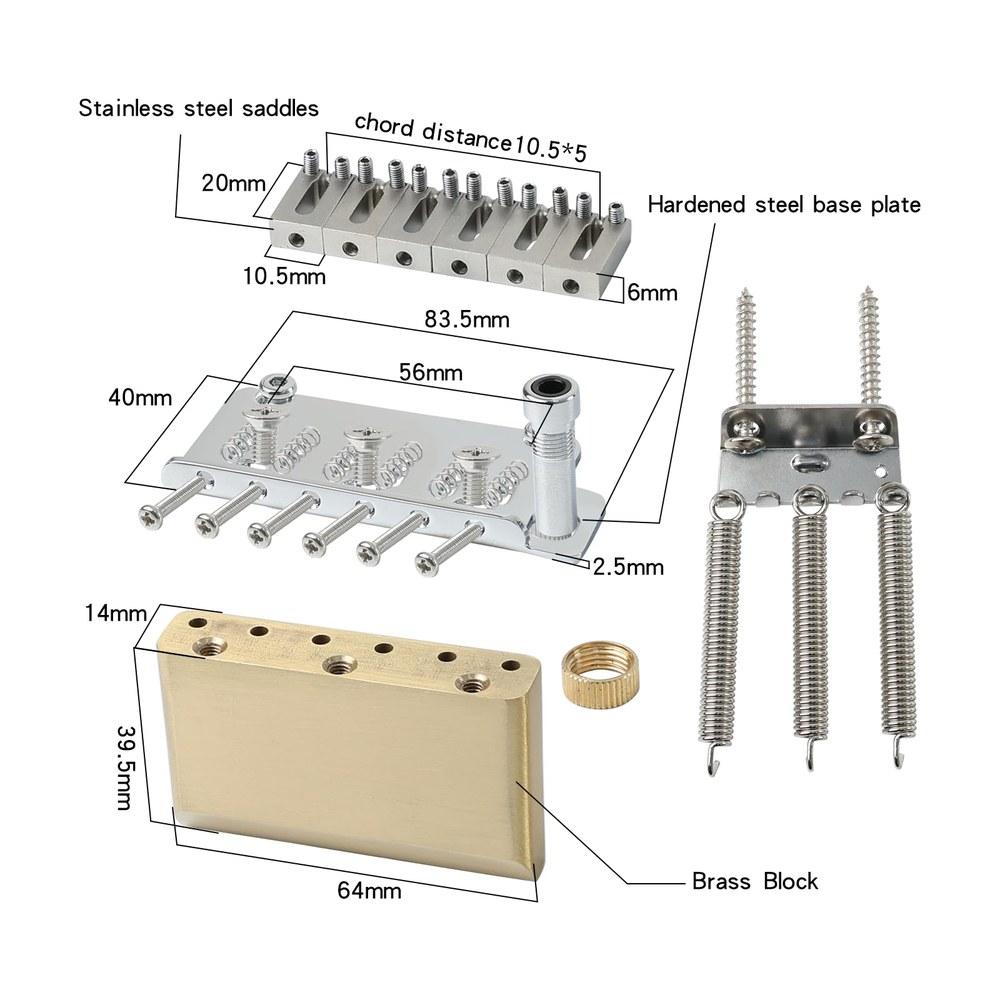 OVSAL 10.5mm Electric Guitar Bridge Stratocaster 6-String Pearl Nickel Stainless Steel Saddle Brass Block 2-Point Tremolo Replacement Part