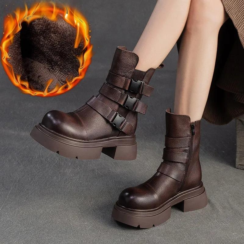 Johnature Plush Warm British Style Mid-calf Boots Genuine Leather Thick Soled Women's Shoes