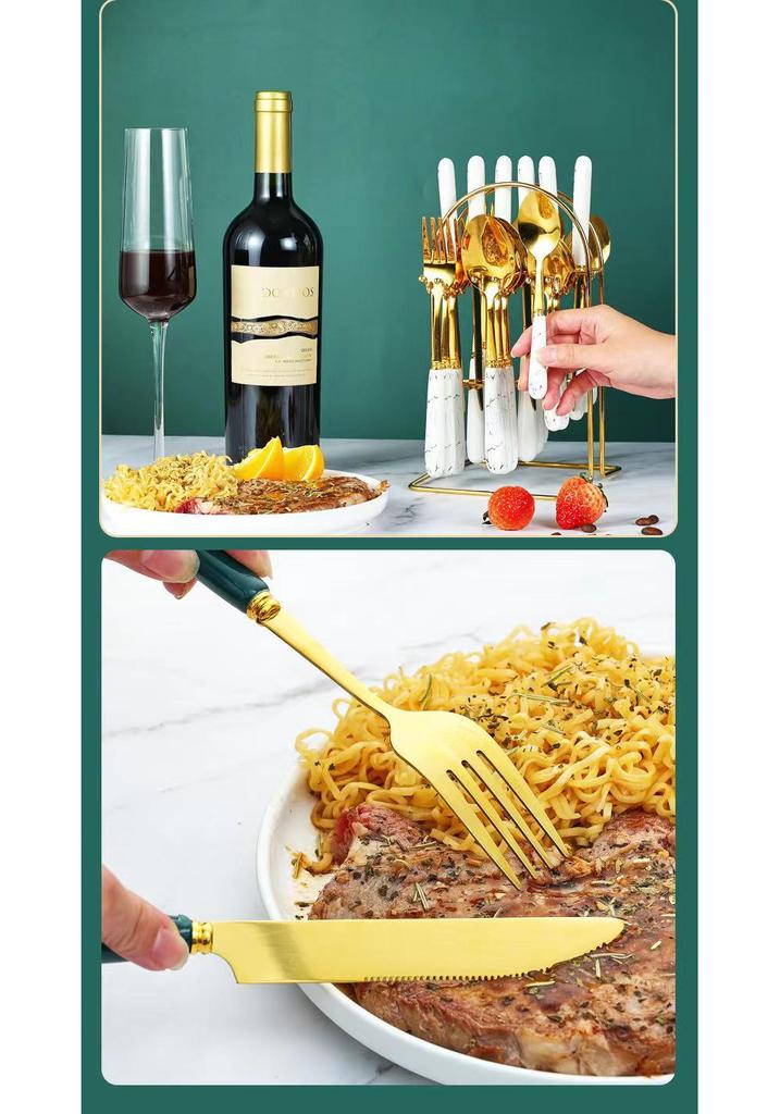 Stainless Steel 24-Piece Cutlery Set with Imitation Ceramic Handles - Includes Knives, Forks, and Spoons in Gift Box.