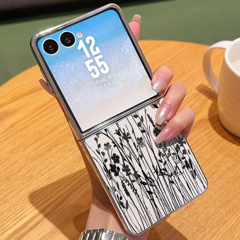 Line Flower Pattern Case For Samsung Z Fold 7 6 5 Luxury Hybrid 3in1 Leather Skin Plating Folding Phone Cover For Samsung Z Fold7 Fold6 Fold5