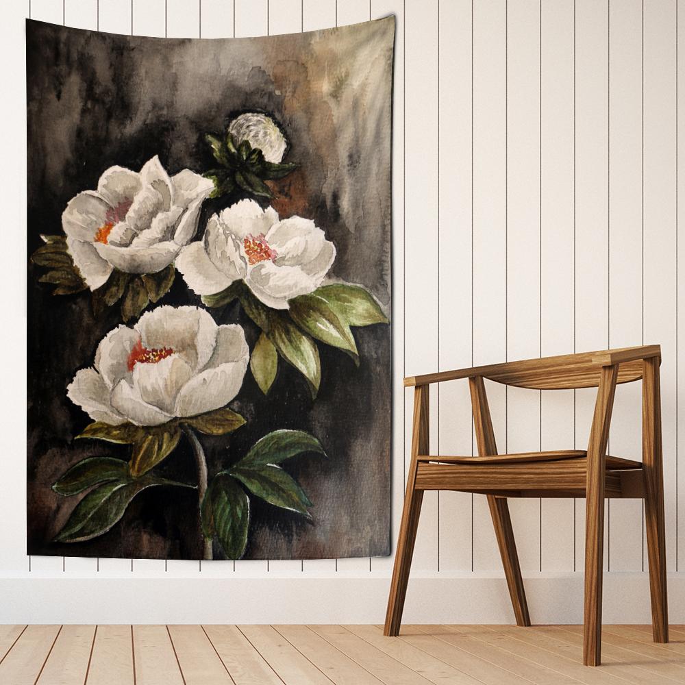 Elegante Arazzo da Parete con Fiori Bianchi Motivo Fiori ad Inchiostro Bohemien Psichedelico Hippie Decorazione per la Casa