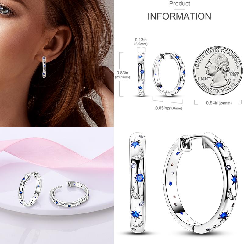 New 925 Sterling Silver Star Moon Earrings for Women Sparkling Zircon Ear Studs Luxury Romantic Fine Jewelry Gift for Girl