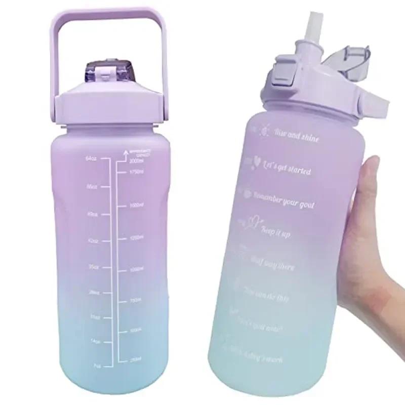 2L Large Capacity Plastic Water Bottle Time Scale Label Sticker Space Cup Spring Cap Painted Gradient Color Water Cup