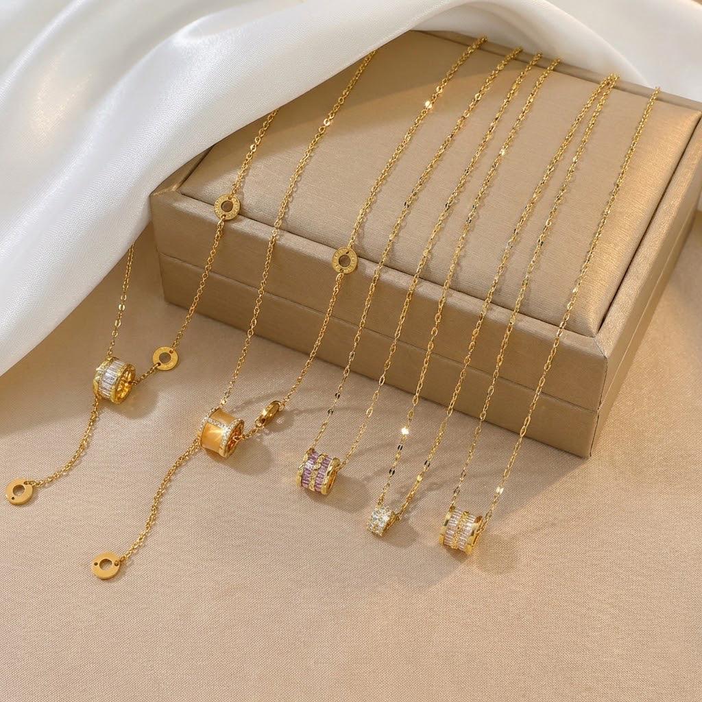 Titanium Steel Tassel Necklace with Diamond Inlay and Shiny Slim Waist Design for Women