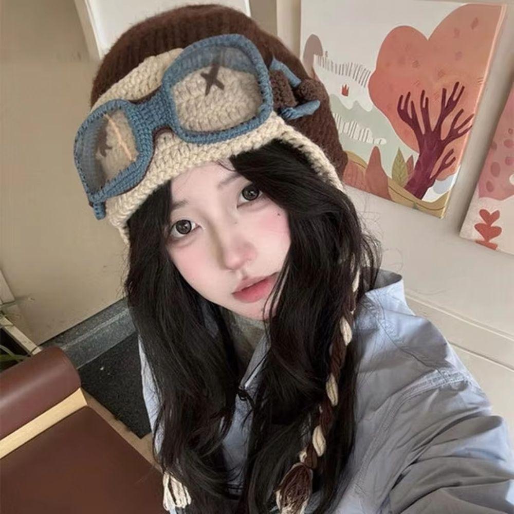 Windproof Knitted Beanie Crocheted Earflap Cap Casual Winter Pilot Hat With Goggles  Cycling