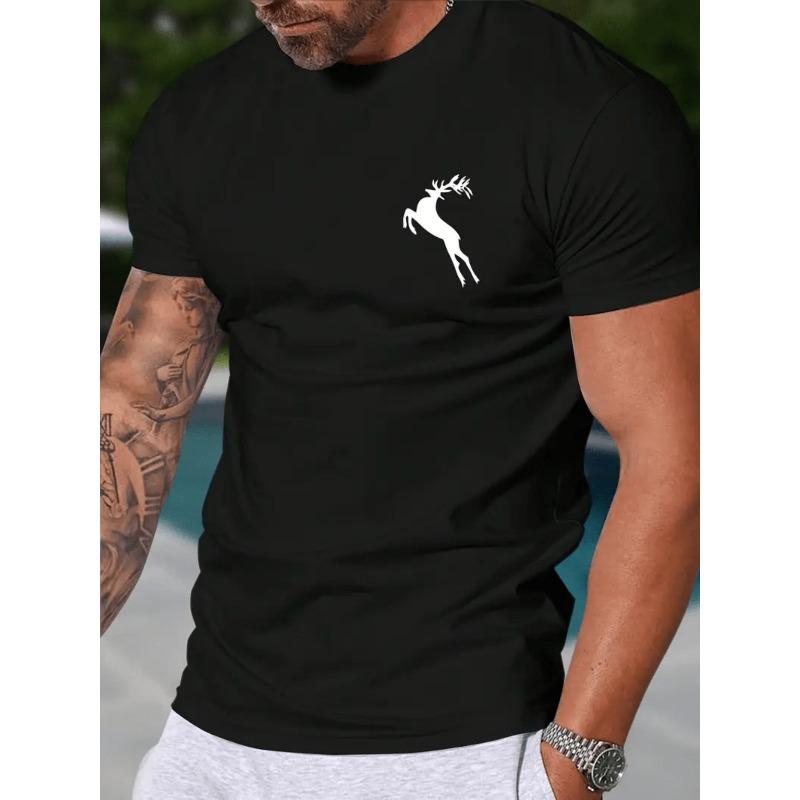 

European sizes Men s White Summer T-Shirt with Black Deer & Male Symbol Print - Casual Short Sleeve Round Neck Tee for Camping, & Outdoor Activities 4XL чорний