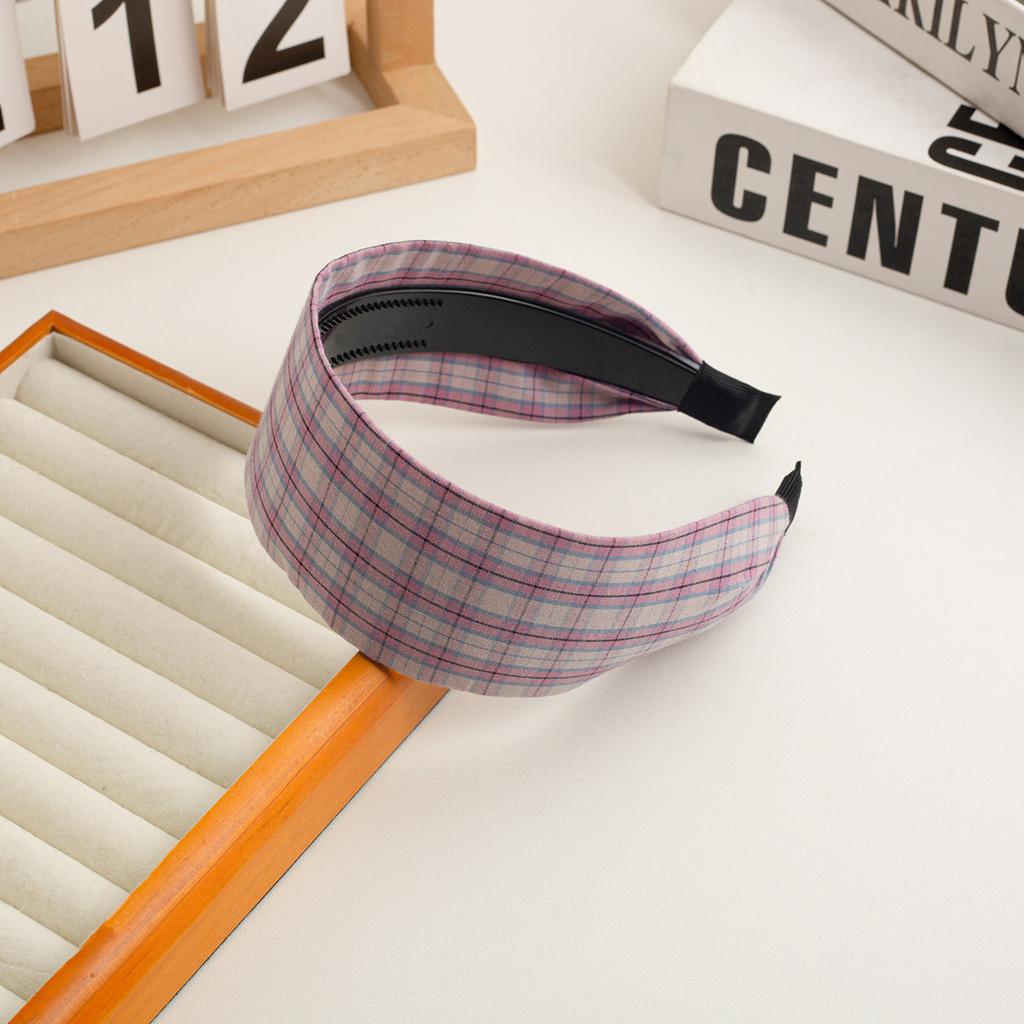 New Checkered Wide Fabric Headband Sweet Academic Vintage Hair Band Non-Slip Toothed Design Korean Retro Hair Accessories