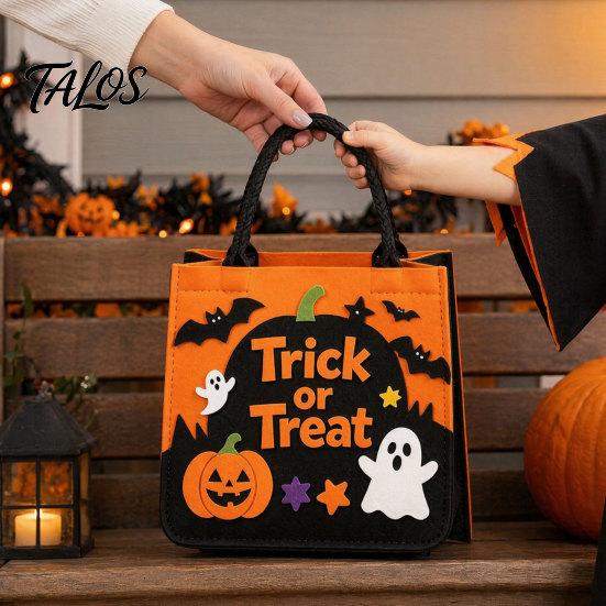 Trick Or Treat Candy Holder Halloween or Bag, Felt Goodie Bag with Pumpkin Ghost Patches, Child-friendly Large Tote for Kids, Party Favor, Haunted