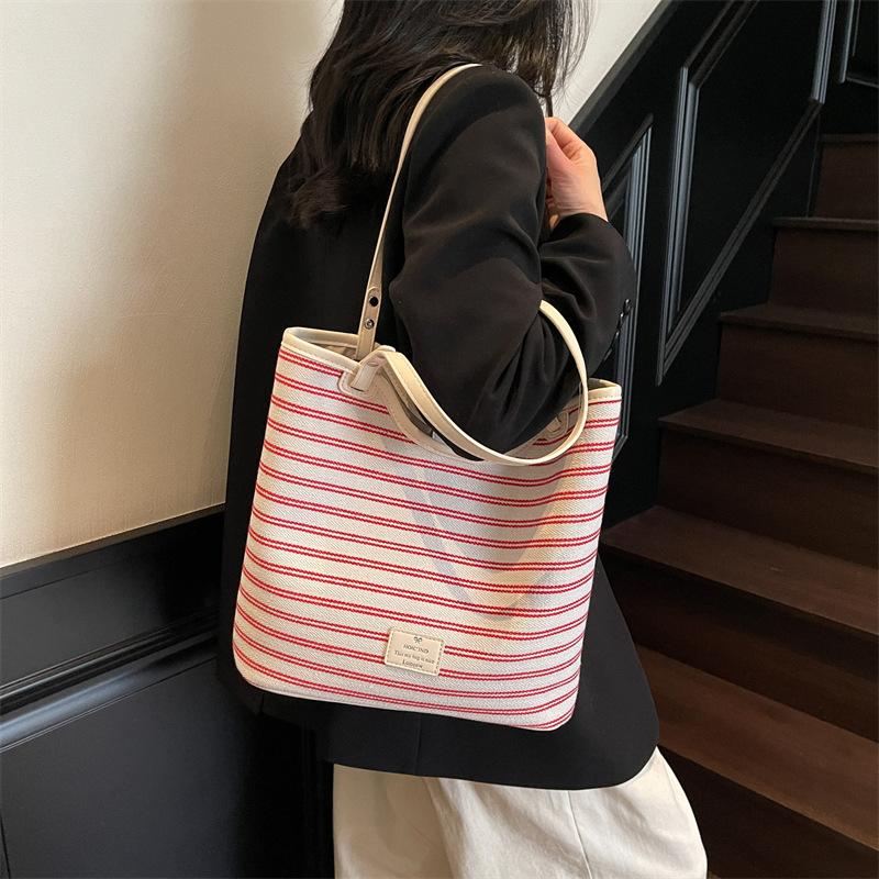 Casual Striped Canvas Bag Ladies 2025 Fashion Casual Simple Shoulder Large Capacity Work Handbag Commuter Bag