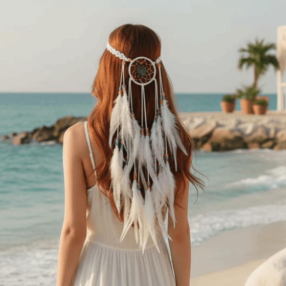Intricate Crochet Band Boho Tassel Headpiece Tribal Feather Hair Extensions  Island Getaway Outfit