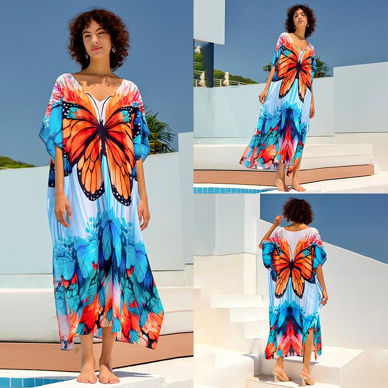 European & American Cotton Print Beach Cover-Up Long Dress - Plus Size Swimsuit Sunscreen Robe