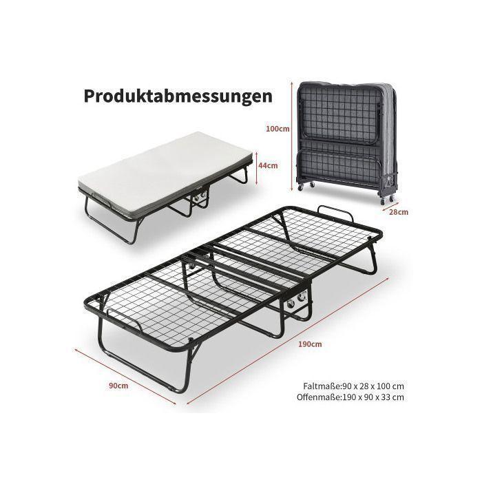 Lit pliant - MUVOE - 90x190 cm - Matelas mousse à mémoire de forme 10 cm - 4 roulettes - Noir