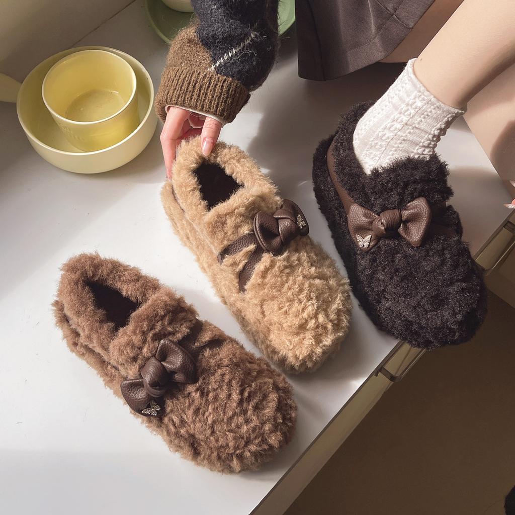 Bow-tie fluffy shoes for women's outer wear 2025 winter new Korean version velvet warm one-pedal Doudou shoes women's shoes cotton shoes