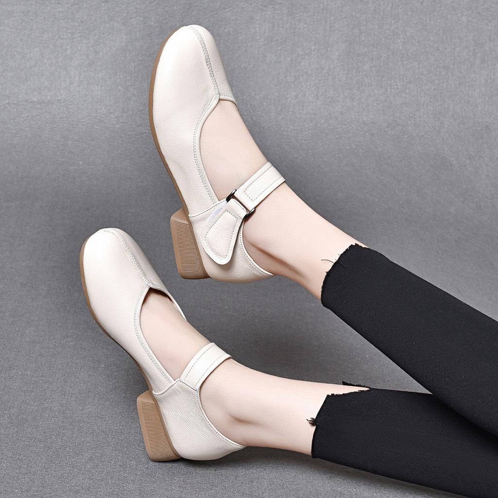 Women's Spring New Low-heeled One-word Mary Jane Shoes First-layer Cowhide Shallow-mouth Flats