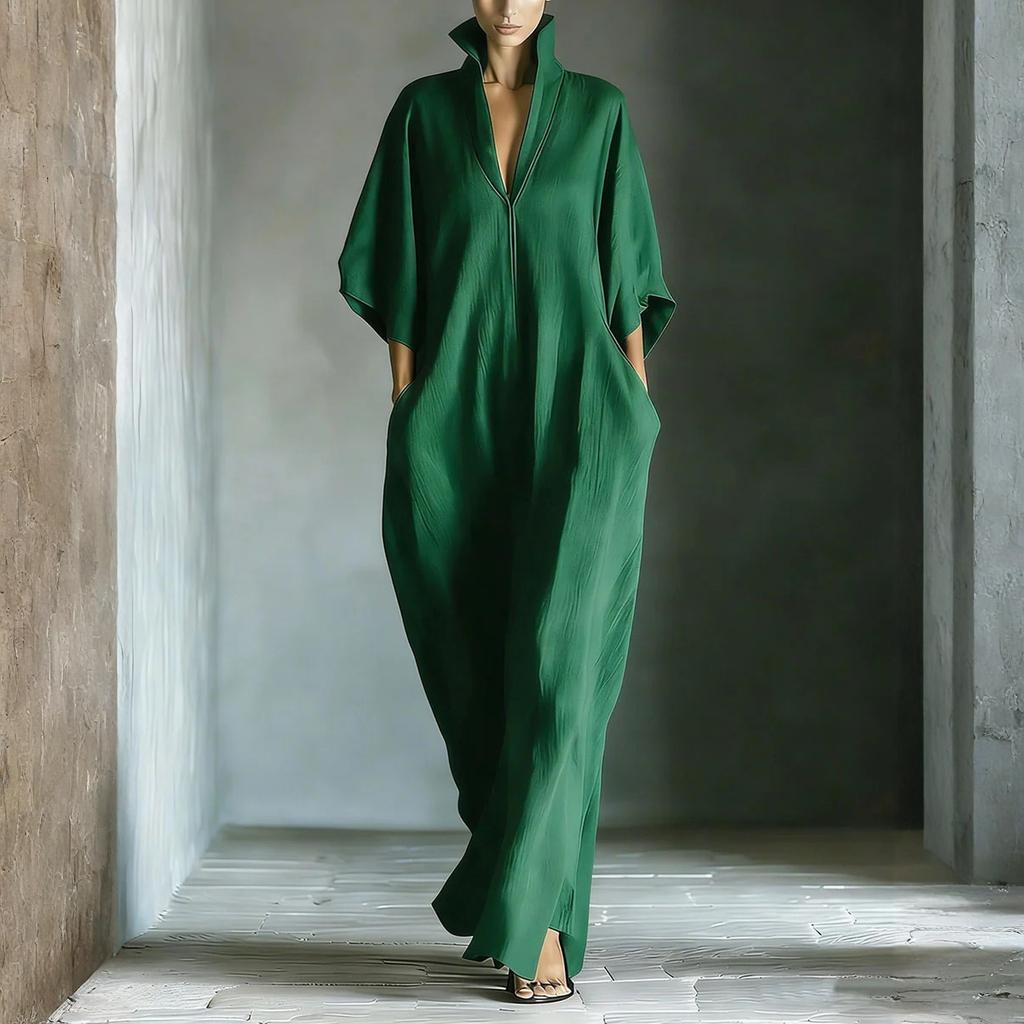 Fashionable Women's Mid Sleeved V-neck Long Skirt With Loose Fitting Pullover Dress