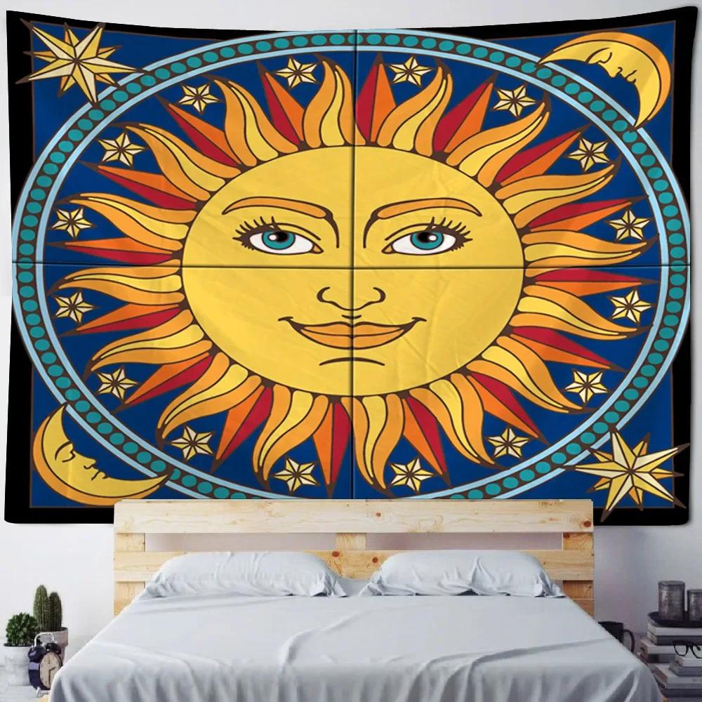 Sun God Art Tapestry Hippie Sun Moon Wall Tapestry Home Aesthetics Decoration Wall Cloth Beach Towel Tablecloth Bed Sheet