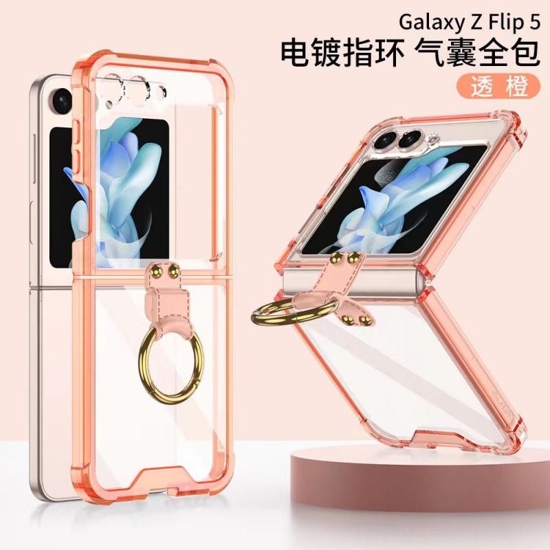 Transparent TPU Case With Electroplated Ring Stand Galaxy Z Flip 6 7 Shockproof Magnetic Anti-Fingerprint