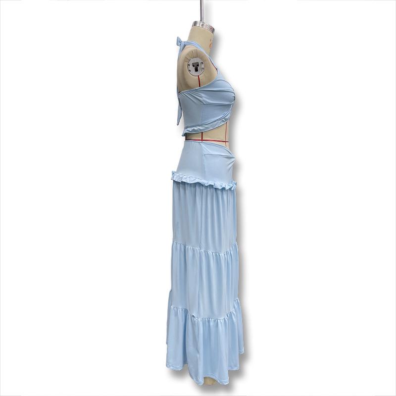 European & American Style Women's V-Neck Halter Camisole and Ruffle Skirt Set