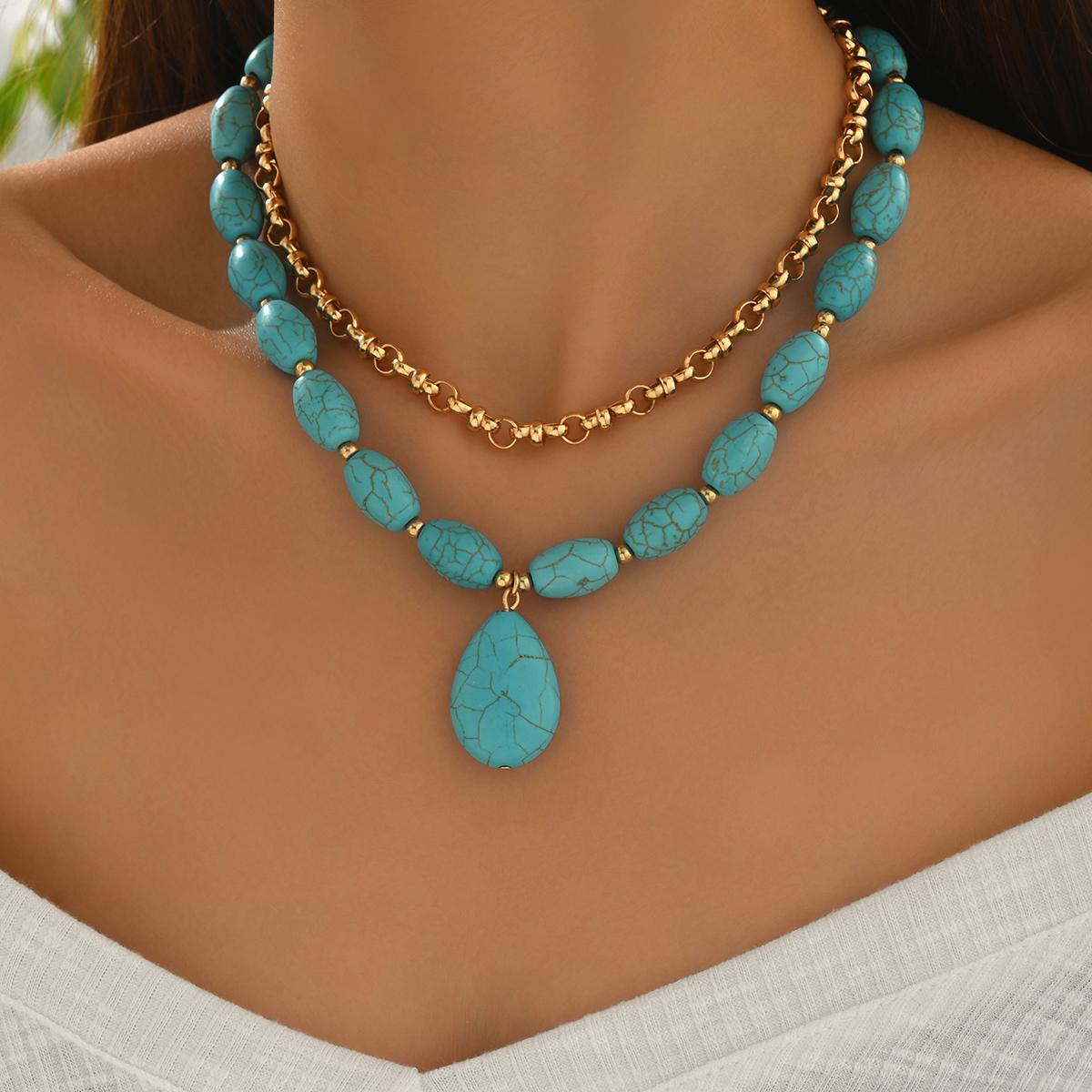 2PCS Layered Turquoise Beaded Choker Necklace Oval Pendant Gold Tone Boho Western Summer Beach Jewelry Blue&40cm