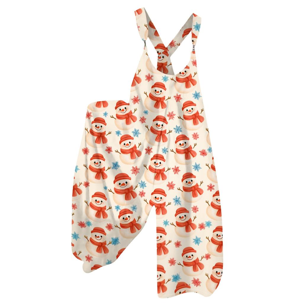 Women's Summer Suspender Jumpsuit with Retro Christmas Print and Non-Adjustable Straps