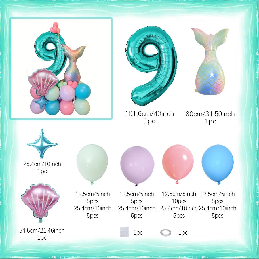 Mermaid Shell Themed Balloon Set with Numbers 1-9th Blue Purple Pink Latex Foil Balloons for Girl Princess Birthday Party Decor