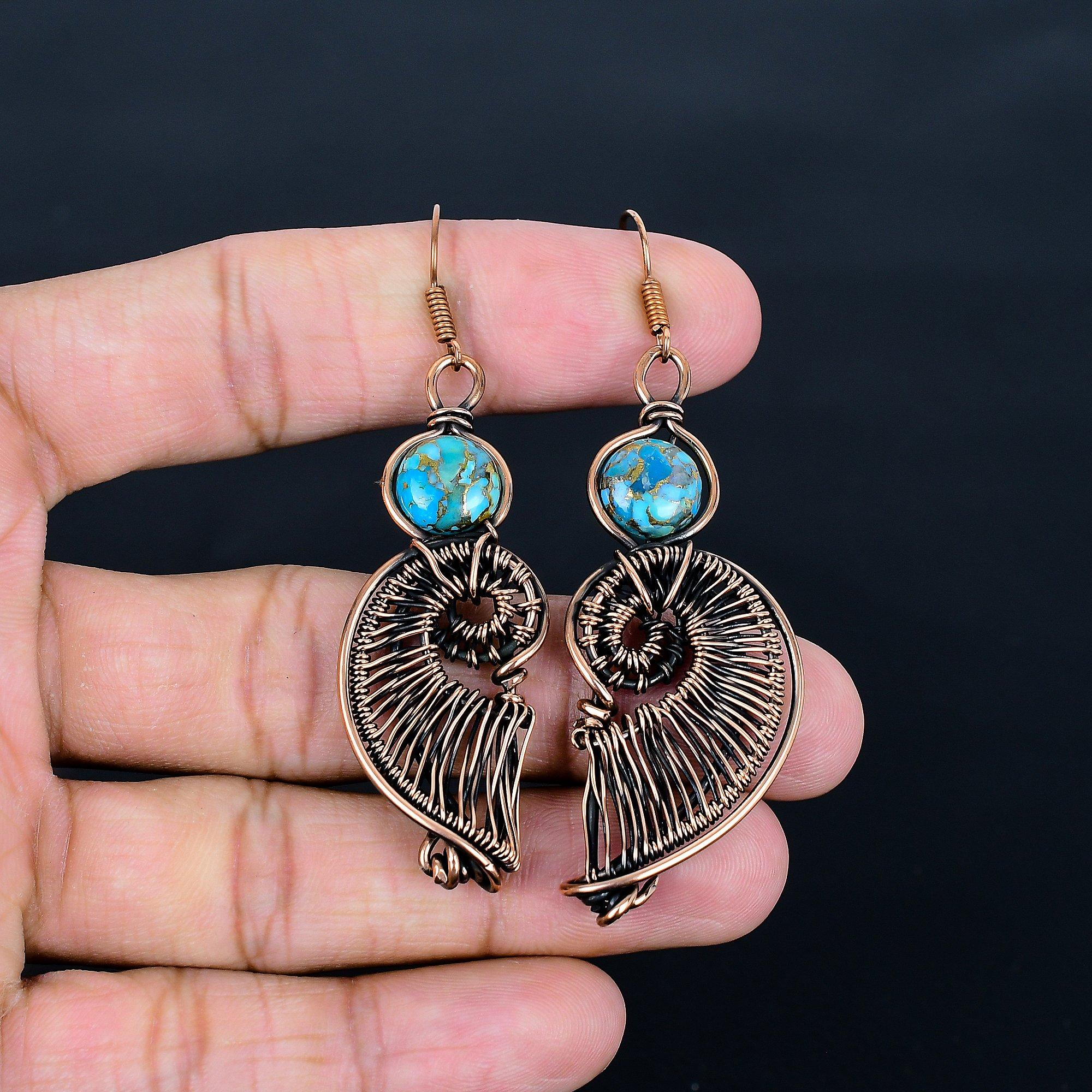 

Серьги из голубой медной бирюзы ручной работы, обернутые медной проволокой 999 пробы, антикварные украшения, для подарка на помолвку 2.55 Inches