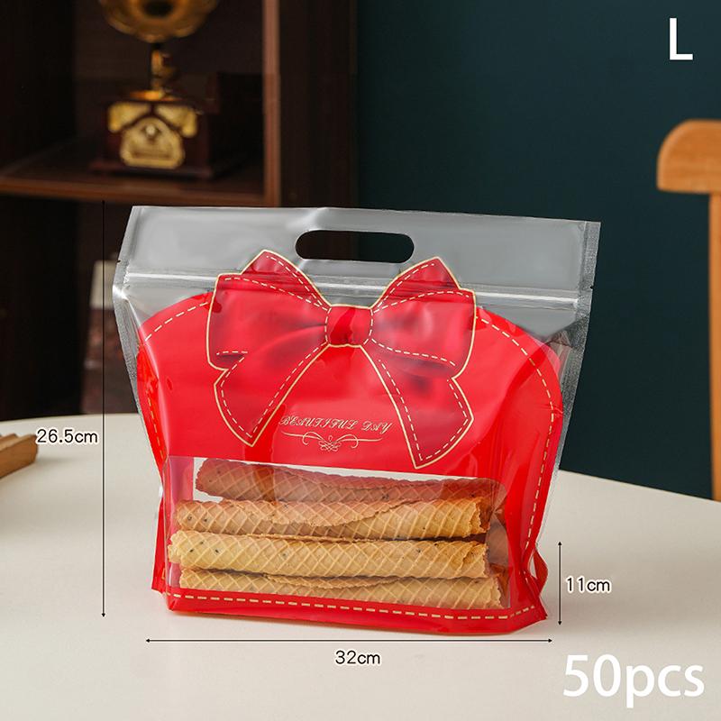 50Pcs Red Bowknot Shape Bread Bags Candy Jewelry Packaging Bag Birthday Festival Party Favor Bag Transparent Self-Lock Pouches