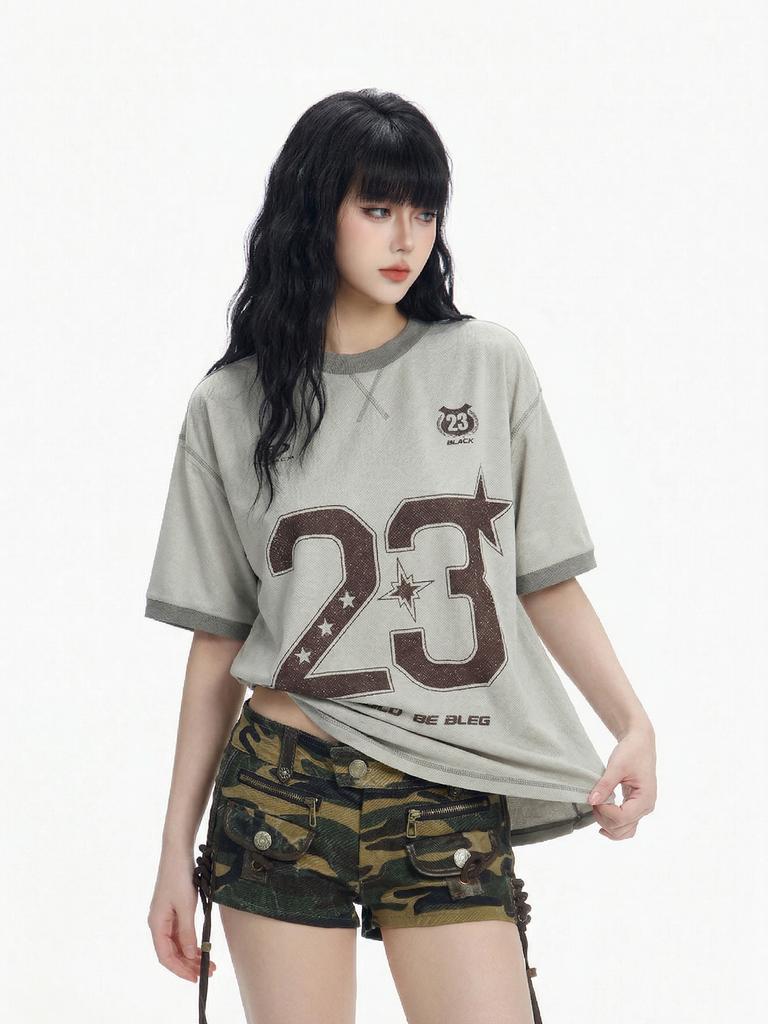 Women's Loose Versatile American Retro Short-Sleeve Top with Digital Printing for Casual Wear