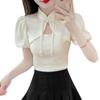 T-shirt Donna Estiva Manica a Bolla Lavorata a Maglia con Ricamo per Uso Casual