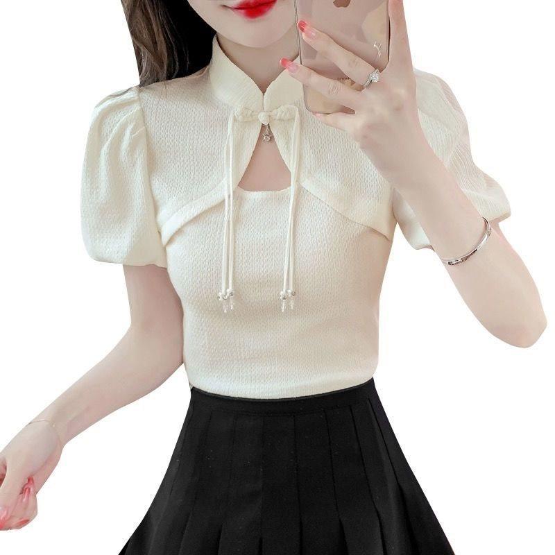 T-shirt Donna Estiva Manica a Bolla Lavorata a Maglia con Ricamo per Uso Casual