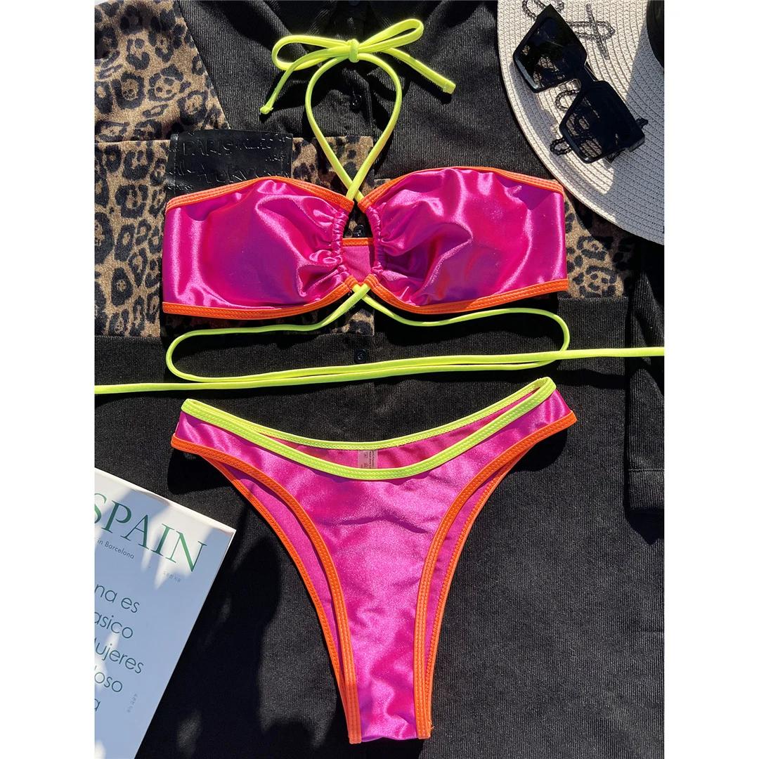 

Сексуальный купальник с лямкой на бретельках в бразильском стиле, женский купальник, женский купальник из двух частей, комплект бикини, купальный костюм для плавания M розовый