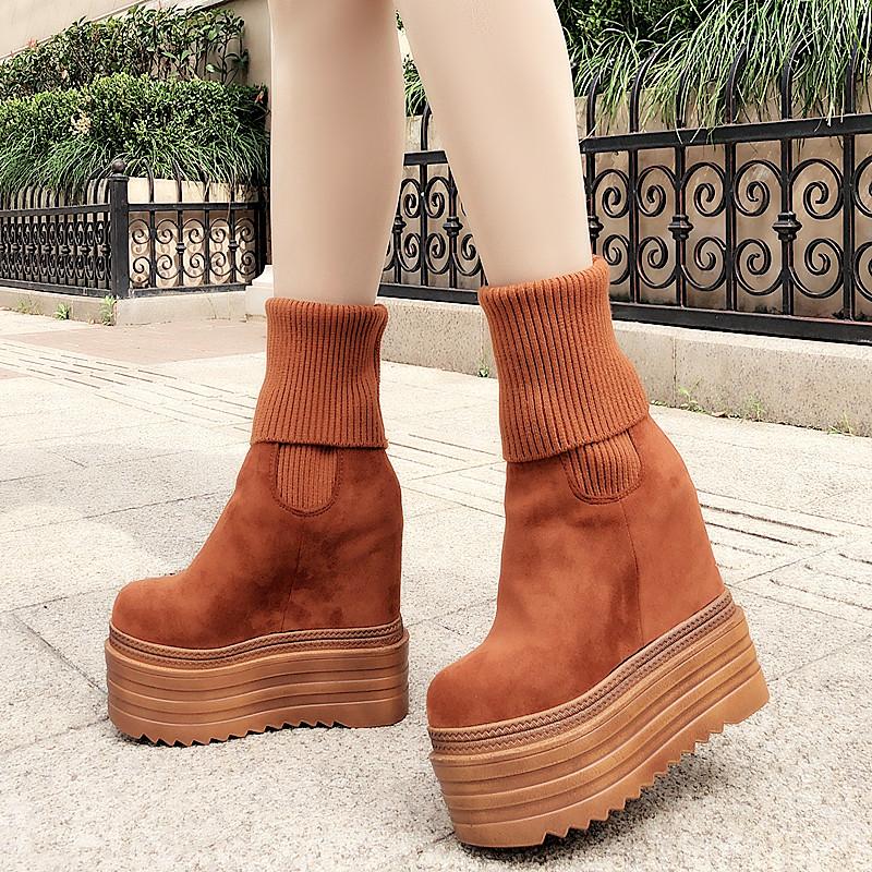 Wedges Ankle Boots White Black Rubber Sole Shoes Platform Boots Women Lacing Autumn Platform Heels Shoes Heel 14 cm  boots women