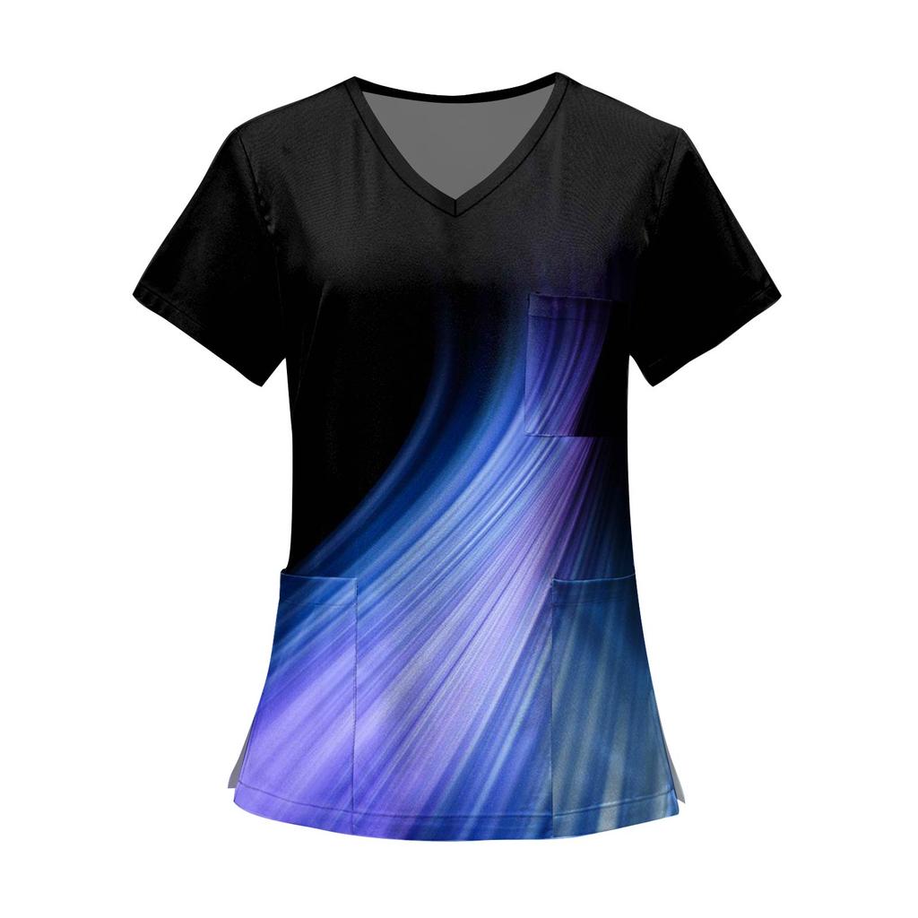 Women's Fashion Printed Short Sleeve V Neck Pattern Tops Pocket Working T-shirts