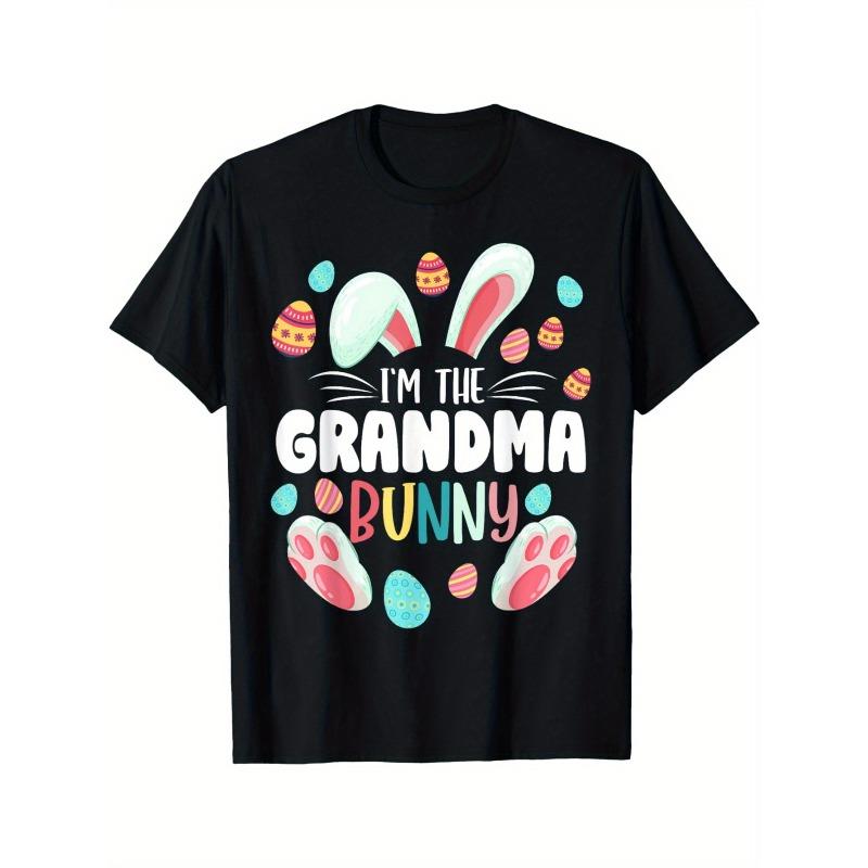 

Women Funny Grandma Bunny Easter Graphic T-Shirt Black Pastel Egg Print Relaxed Fit Family Matching Party Holiday Gift Top 4XL чорний