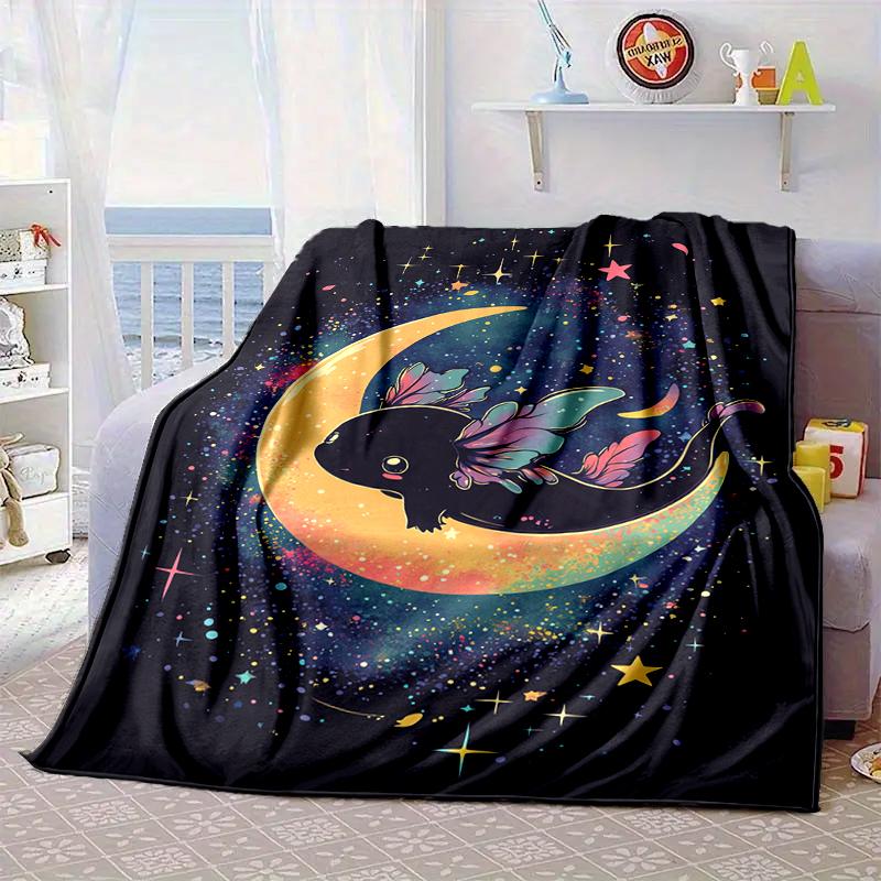 Fantasy Axolotl Moon Night Sky Blanket Flannel Blanket for bed, sofa, Camping, Hiking, Picnic Essentials, gift for family Fan gifts