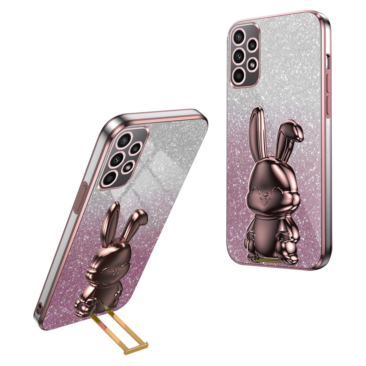 

For Samsung Galaxy A73 5G Case Cartoon Rabbit Hidden Pull-out Kickstand Phone Cover Pink