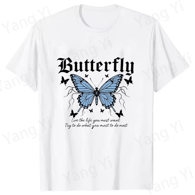 Blue Butterfly Print and Inspirational Slogan Print Tshirt Unisex Women Fashion Round Neck Loose Tee Shirt Streetwear Tshirt Tees