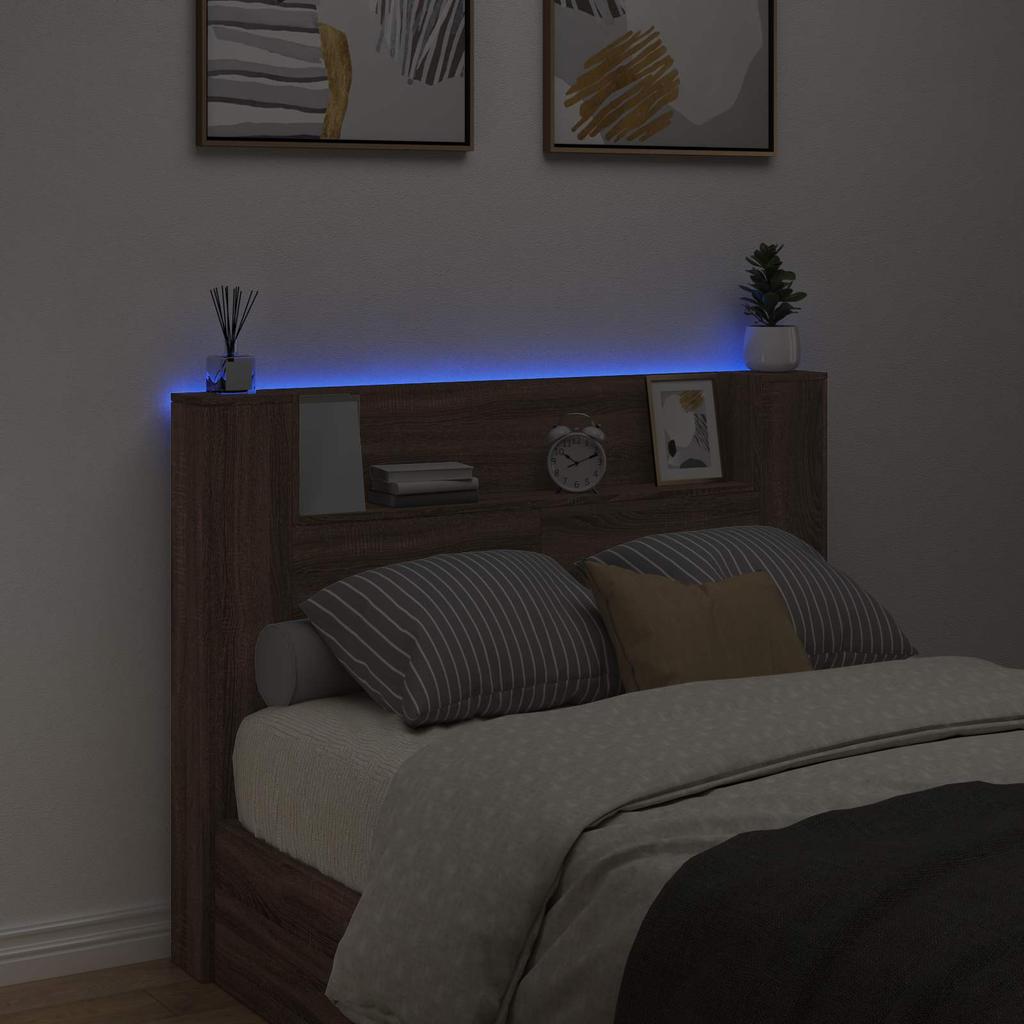 Headboard with Storage and LED Lighting Brown Oak Wood Material