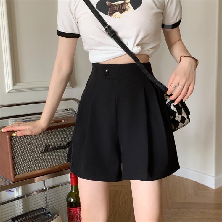 

Черные шорты женские с высокой посадкой, приталенные, А-силуэта, свободного кроя, с широкими штанинами S чёрный